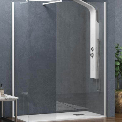 Vista tre quarti doccia due pareti walk-in profili bianchi H200cm 8mm con piatto doccia filo pavimento