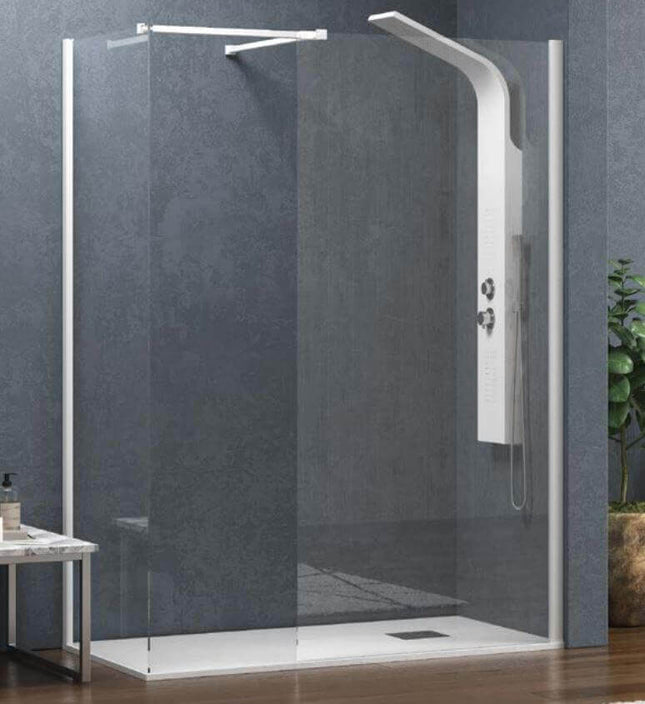 Vista tre quarti doccia due pareti walk-in profili bianchi H200cm 8mm con piatto doccia filo pavimento