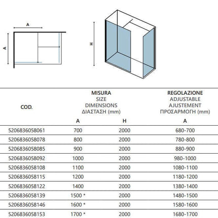 Disegno tecnico della doccia walk-in due pareti H200cm profili bianchi con tabella misure e regolazione