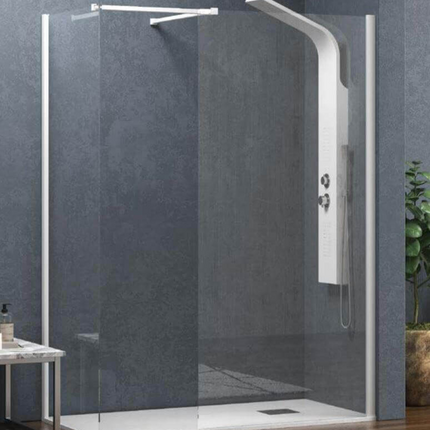 Doccia walk-in due pareti H200cm cristallo 8mm anticalcare con profili bianchi e colonna doccia bianca