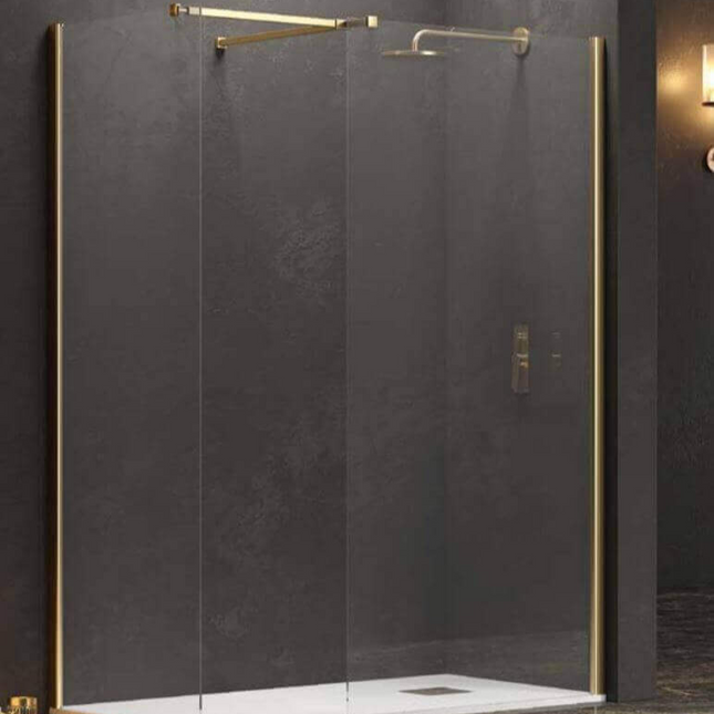 Doccia walk-in due pareti H200cm 8mm anticalcare con profili e barra color oro su parete grigio scuro