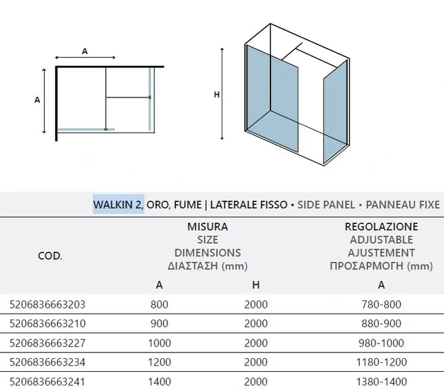 Schema tecnico della doccia walk-in due pareti fumè profili oro H200cm con tabella misure e regolazione