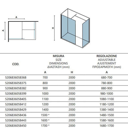 Schema tecnico della doccia walk-in a due pareti H200cm cristallo 8mm con tabella misure e regolazione