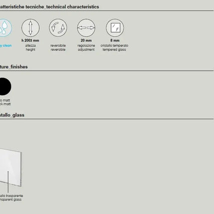 Scheda tecnica parete doccia walk-in finestrata: h 2007mm, cristallo temperato 8mm, regolazione 20mm, nero opaco