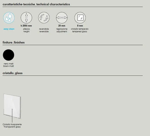 Scheda tecnica parete doccia walk-in finestrata: h 2007mm, cristallo temperato 8mm, regolazione 20mm, nero opaco