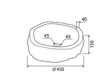 Schema tecnico lavabo in onice naturale Karag Onyx: diametro 450mm, altezza 150mm, bordo 40mm, foro scarico 45mm con campana 65mm