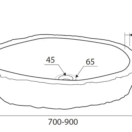 Schema tecnico lavabo pietra di fiume Karag River formato XXL 70-90cm: lunghezza 700-900mm, altezza 150mm, bordo 40mm, foro scarico 45mm