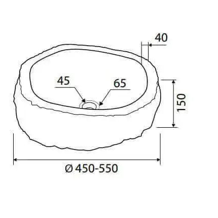 Schema tecnico lavabo pietra di fiume Karag River misura 40-55cm: diametro 450-550mm, altezza 150mm, bordo 40mm, foro scarico 45mm