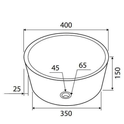 Schema tecnico lavabo tondo marmo crema Karag Timur: diametro esterno 400mm, interno 350mm, altezza 150mm, bordo 25mm, foro scarico 45mm