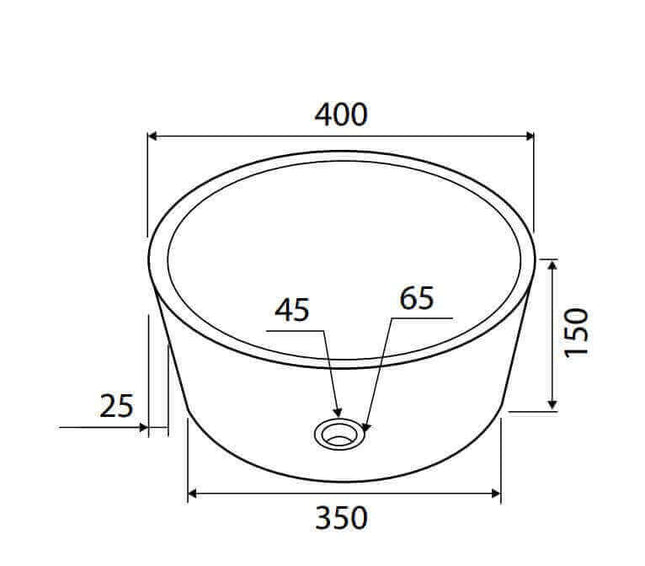 Schema tecnico lavabo tondo marmo crema Karag Timur: diametro esterno 400mm, interno 350mm, altezza 150mm, bordo 25mm, foro scarico 45mm