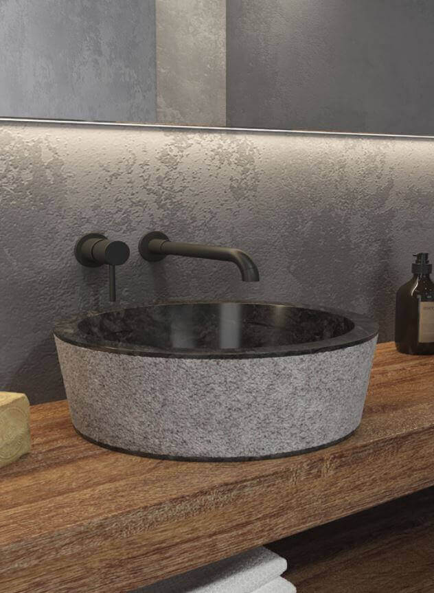 Lavabo marmo grigio-nero Karag Timur 40cm su piano legno con illuminazione led: esterno granuloso grigio, interno nero lucidato a scodella profonda