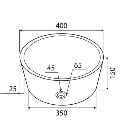 Schema tecnico lavabo tondo marmo rosso Karag Timur: diametro esterno 400mm, interno 350mm, altezza 150mm, bordo 25mm, foro scarico 45mm