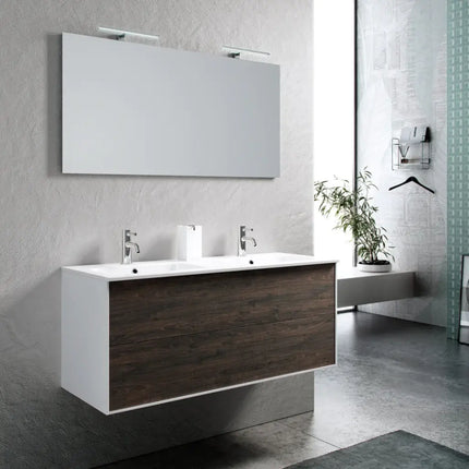 Mobile Bagno 120cm Sospeso Due Cassetti Lavabo Doppia Vasca e Specchio Con Lampada - qavorelzin.shop