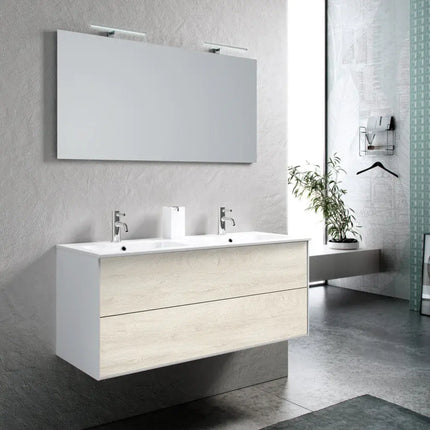 Mobile Bagno 120cm Sospeso Due Cassetti Lavabo Doppia Vasca e Specchio Con Lampada Rovere Alaska
