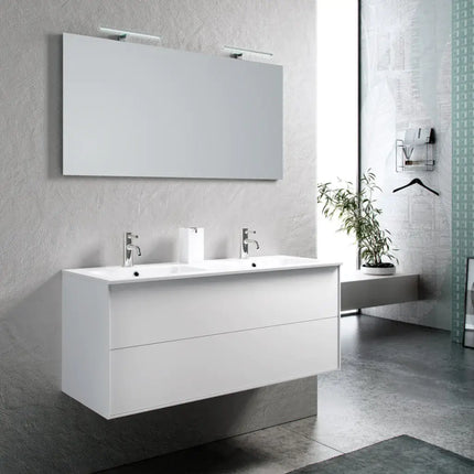 Mobile Bagno 120cm Sospeso Due Cassetti Lavabo Doppia Vasca e Specchio Con Lampada Bianco Opaco