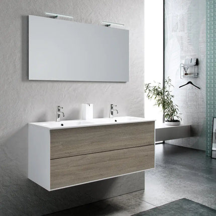 Mobile Bagno 120cm Sospeso Due Cassetti Lavabo Doppia Vasca e Specchio Con Lampada - qavorelzin.shop