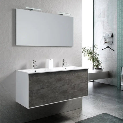 Mobile Bagno 120cm Sospeso Due Cassetti Lavabo Doppia Vasca e Specchio Con Lampada - qavorelzin.shop