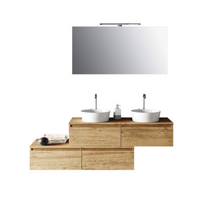 Mobile Bagno 160cm Con Doppio Lavabo, 4 Basi Con Cassetti E Specchio Con Lampada Quercia