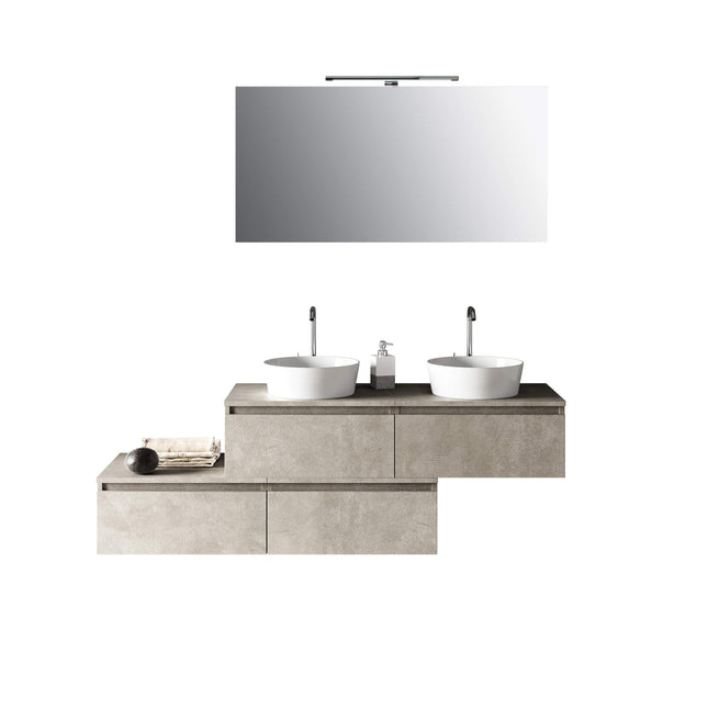 Mobile Bagno 160cm Con Doppio Lavabo, 4 Basi Con Cassetti E Specchio Con Lampada Avana Effetto Pietra