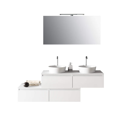 Mobile Bagno 160cm Con Doppio Lavabo, 4 Basi Con Cassetti E Specchio Con Lampada Bianco