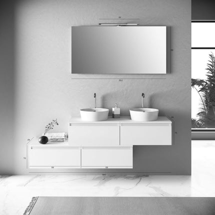 Mobile Bagno 160cm Con Doppio Lavabo, 4 Basi Con Cassetti E Specchio Con Lampada