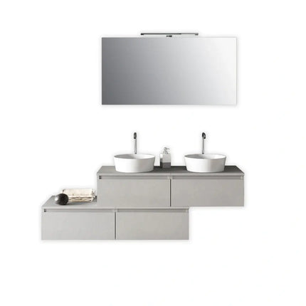 Mobile Bagno 160cm Con Doppio Lavabo, 4 Basi Con Cassetti E Specchio Con Lampada Bianco Effetto Pietra