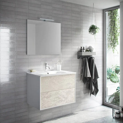 Mobile Bagno 80cm Sospeso Due Cassetti e Specchio Avana Effetto Pietra