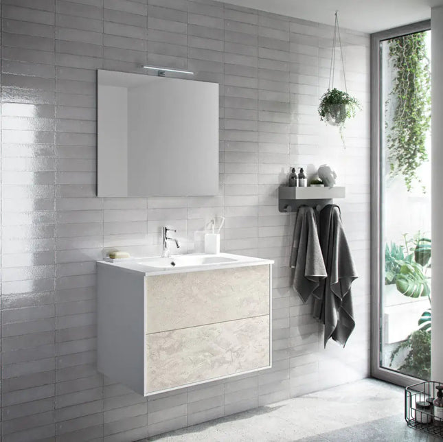 Mobile Bagno 80cm Sospeso Due Cassetti e Specchio Avana Effetto Pietra