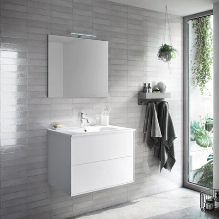 Mobile Bagno 80cm Sospeso Due Cassetti e Specchio Bianco Opaco