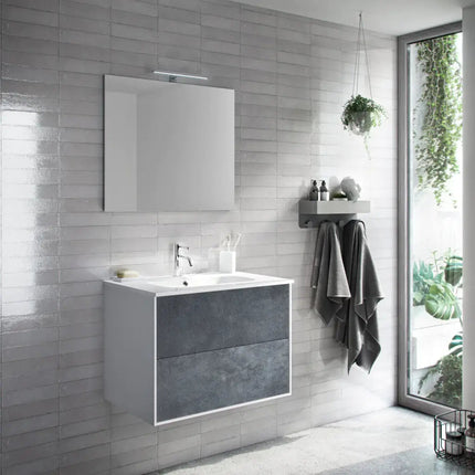 Mobile Bagno 80cm Sospeso Due Cassetti e Specchio Blu Effetto Pietra