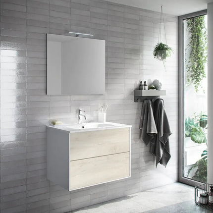Mobile Bagno 80cm Sospeso Due Cassetti e Specchio Rovere Alaska