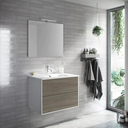 Mobile Bagno 80cm Sospeso Due Cassetti e Specchio Rovere Cenere