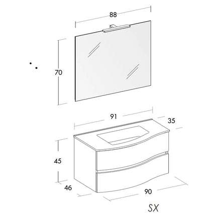 Mobile Bagno Curvo 90cm Sospeso Con Cassettoni - Larice Bianco