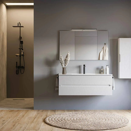 Mobile bagno sospeso 120 cm Bianco Neve con lavabo in ceramica e specchio LED – Verso Legnobagno
