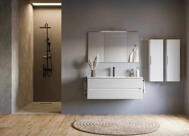 Mobile bagno sospeso 120 cm Bianco Neve con lavabo in ceramica e specchio LED – Verso Legnobagno
