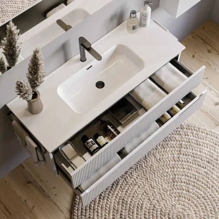 Mobile bagno sospeso 120 cm Bianco Neve con lavabo in ceramica e specchio LED – Verso Legnobagno (dettaglio 2)