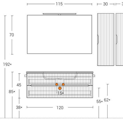 Dimensioni e scheda tecnica – Mobile bagno sospeso 120 cm Bianco Neve Verso