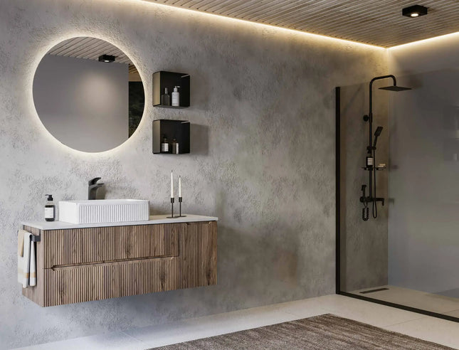 Mobile bagno sospeso 120 cm Noce Bruno con lavabo effetto marmo Pietra Grigia – Verso Legnobagno