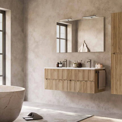 Mobile bagno sospeso 120 cm Rovere Chalet doppio lavabo con specchio LED – Verso Legnobagno