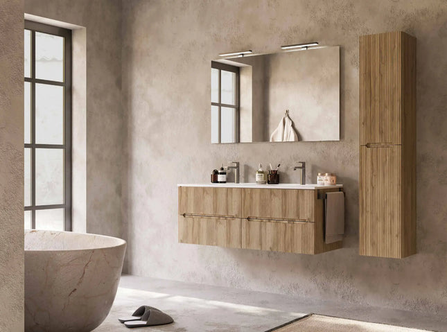 Mobile bagno sospeso 120 cm Rovere Chalet doppio lavabo con specchio LED – Verso Legnobagno
