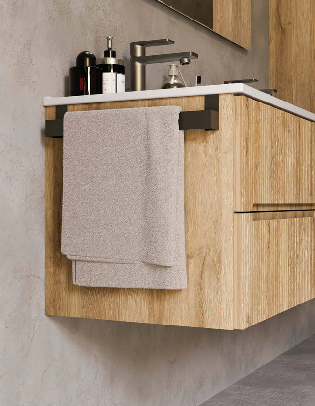 Mobile bagno sospeso 120 cm Rovere Chalet doppio lavabo con specchio LED – Verso Legnobagno (dettaglio 1)