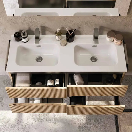 Mobile bagno sospeso 120 cm Rovere Chalet doppio lavabo con specchio LED – Verso Legnobagno (dettaglio 2)