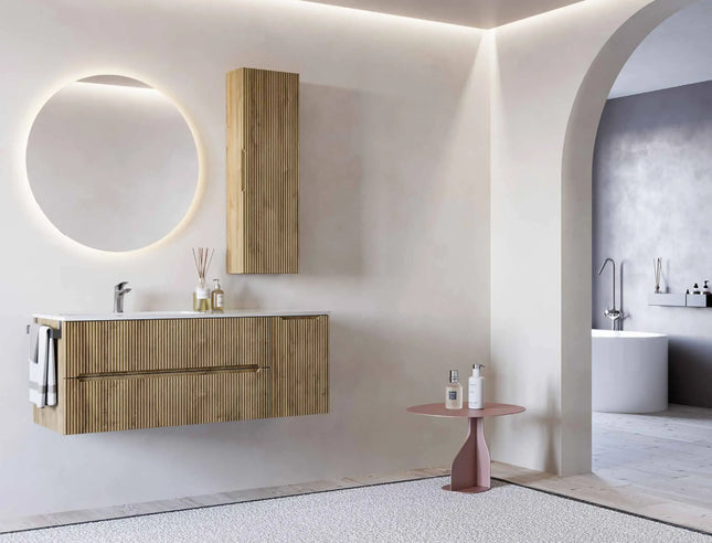 Mobile bagno sospeso 120 cm Rovere Chalet con lavabo in Mineralmarmo e specchiera LED – Verso Legnobagno
