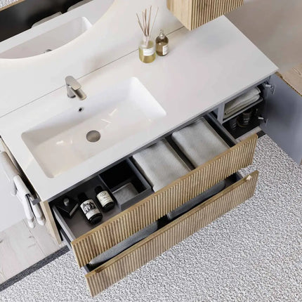 Mobile bagno sospeso 120 cm Rovere Chalet con lavabo in Mineralmarmo e specchiera LED – Verso Legnobagno (dettaglio 1)