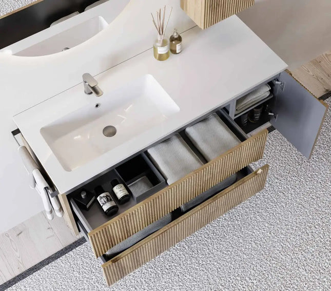 Mobile bagno sospeso 120 cm Rovere Chalet con lavabo in Mineralmarmo e specchiera LED – Verso Legnobagno (dettaglio 1)