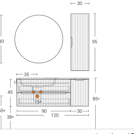 Dimensioni e scheda tecnica – Mobile bagno sospeso 120 cm Rovere Chalet Verso