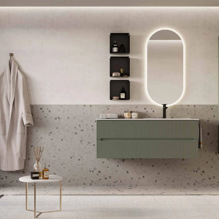 Mobile bagno sospeso 120 cm Verde Foresta con lavabo in Mineralmarmo e specchio ovale – Verso Legnobagno