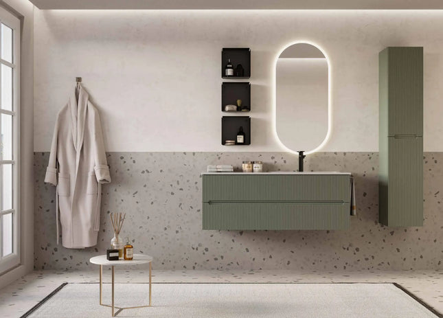 Mobile bagno sospeso 120 cm Verde Foresta con lavabo in Mineralmarmo e specchio ovale – Verso Legnobagno