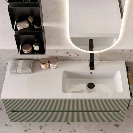 Mobile bagno sospeso 120 cm Verde Foresta con lavabo in Mineralmarmo e specchio ovale – Verso Legnobagno (dettaglio 1)