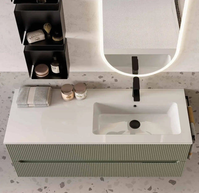 Mobile bagno sospeso 120 cm Verde Foresta con lavabo in Mineralmarmo e specchio ovale – Verso Legnobagno (dettaglio 1)